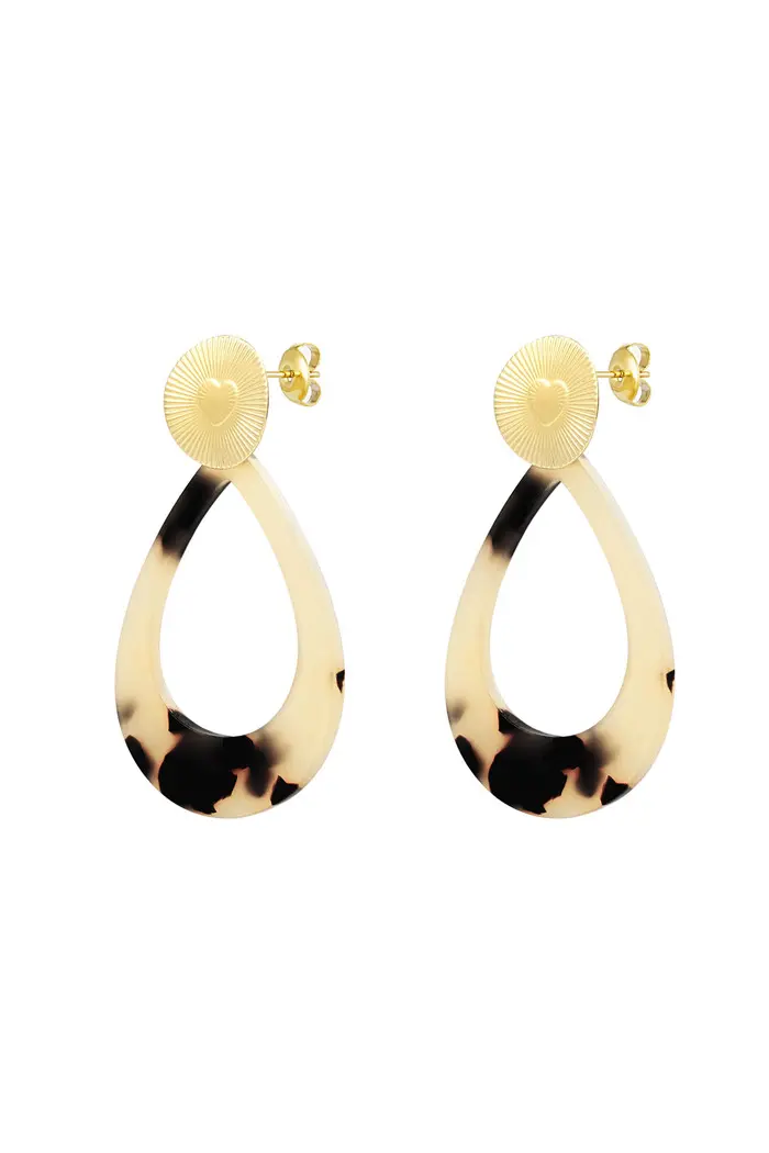 Earrings heart coin with oval - gold/camel