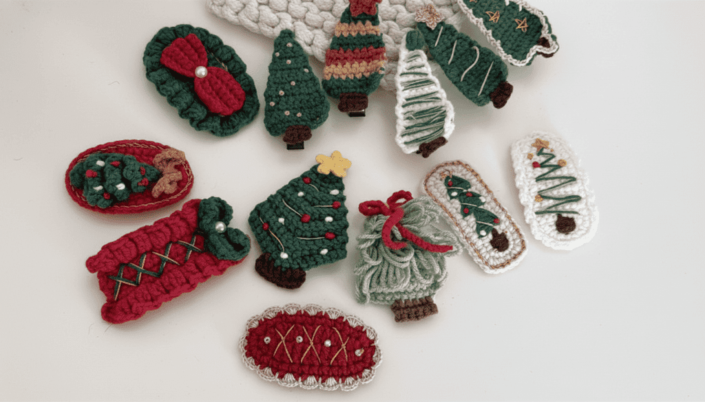 Handgehäkelte Haarklammern mit Motiven wie Weihnachtsbaum, Schleife und Socke, in festlichen grünen und roten Farben.