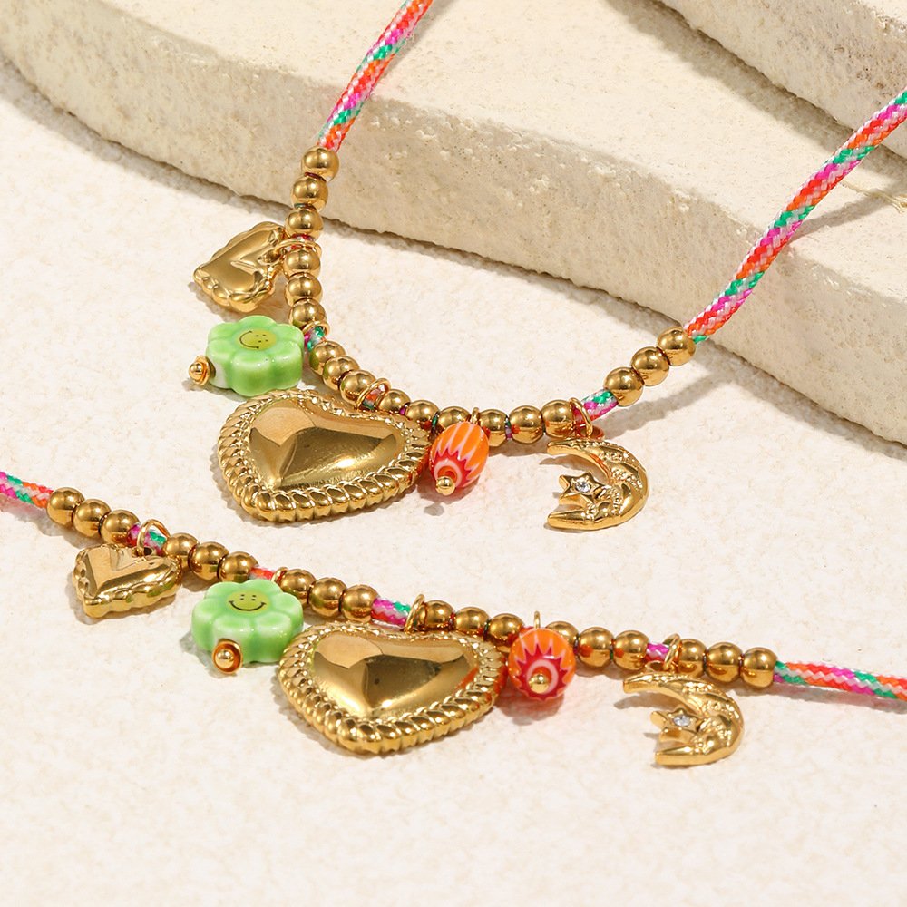 Heart Charm Stainless Steel Colorful Cotton Rope Necklace