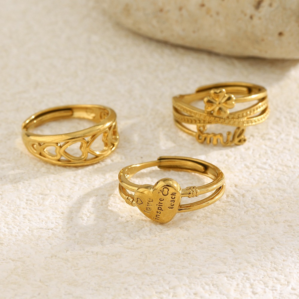 Heart Stainless Steel Waterproof Gold Color Statement Ring