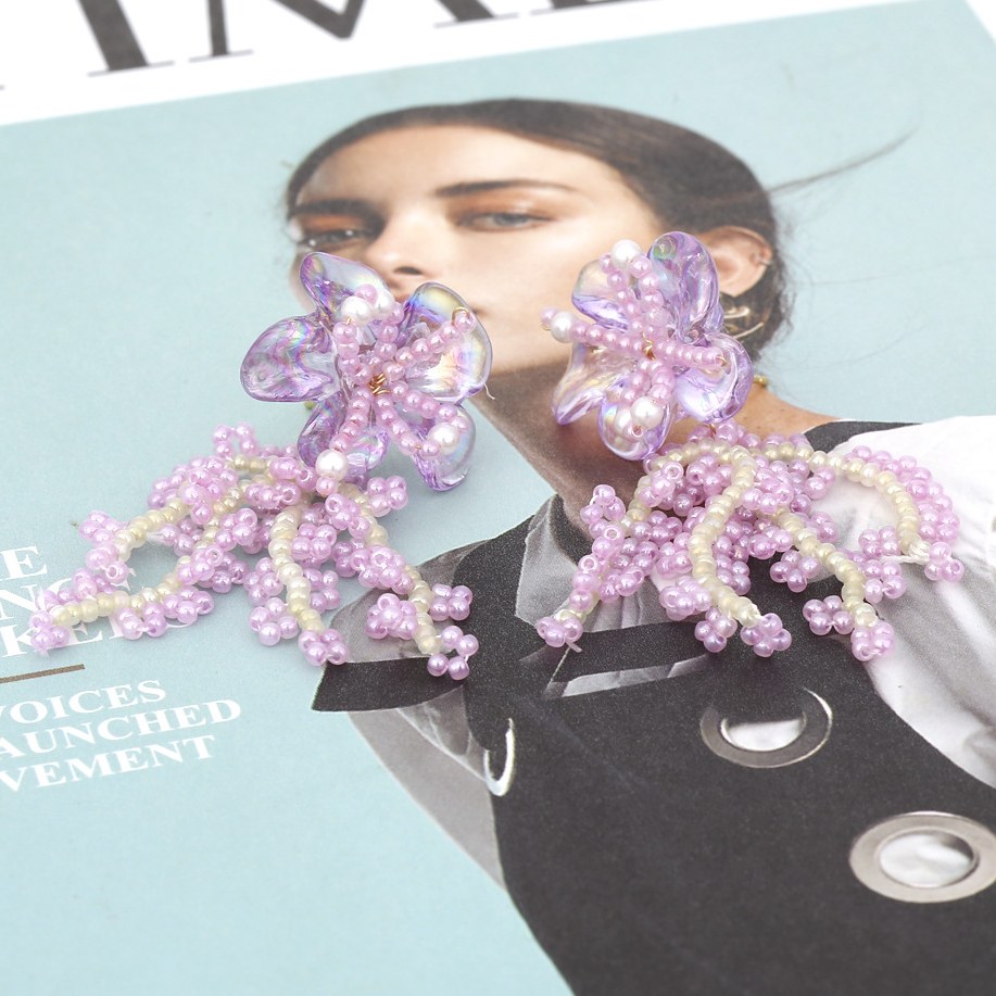 Romantic Niche Beaded Floral Tassel Earrings