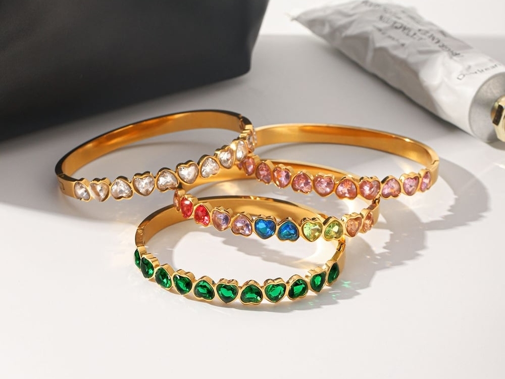 Heart Stainless Steel Waterproof Gold Color Zircon Women's Bangles