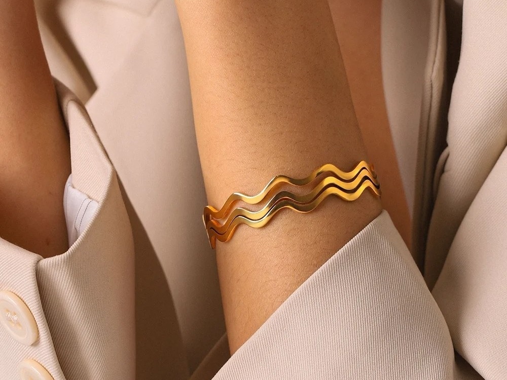 Lines Stainless Steel Waterproof Gold Color Women's Cuff Bracelets 