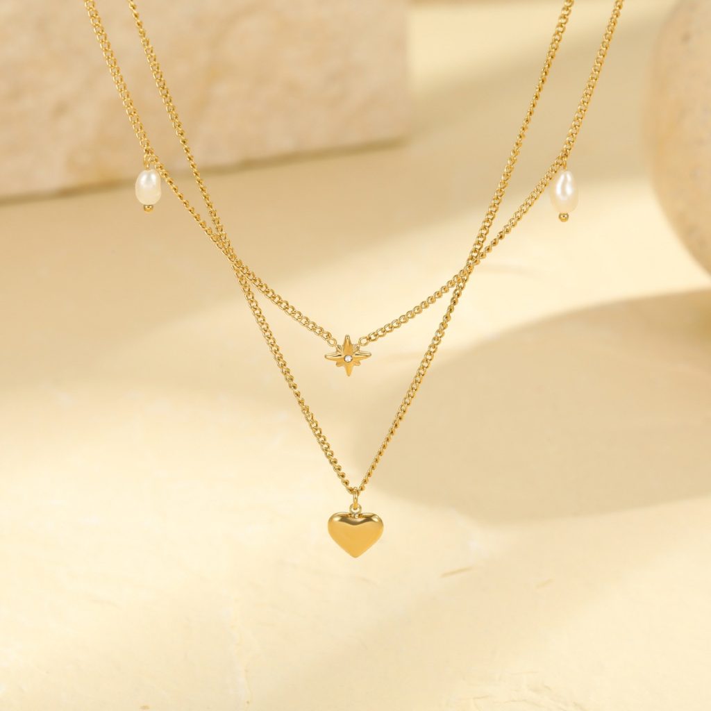 Simple Series Daily Heart Stainless Steel Waterproof Gold Color Women's Layered Necklaces