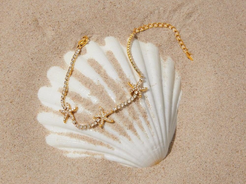 Vacation Starfish Stainless Steel Waterproof Gold Color Zircon Women's Chain Bracelets.