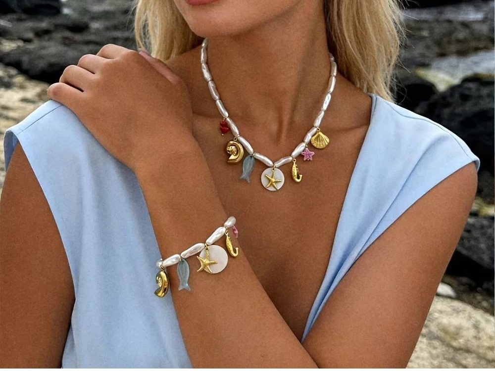 Shell Fish Starfish Stainless Steel Waterproof Gold Color Charm Bracelet 