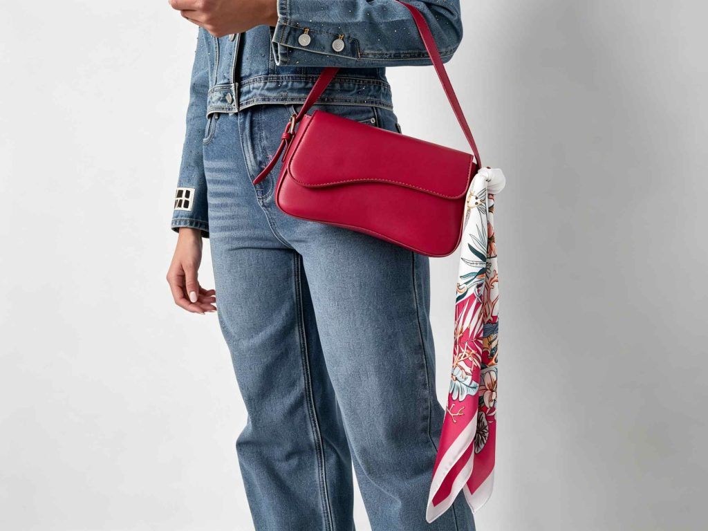 Tropical Scarf tied to a woven bag