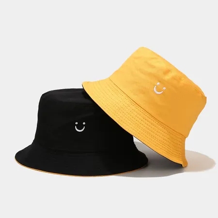 Simple Smiling Face Embroidery Fabric Bucket Hats
