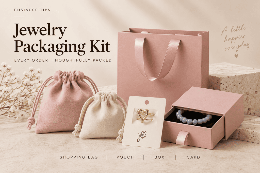 Jewelry packaging kit for a small business, showing card, pouch, outer bag and sticker