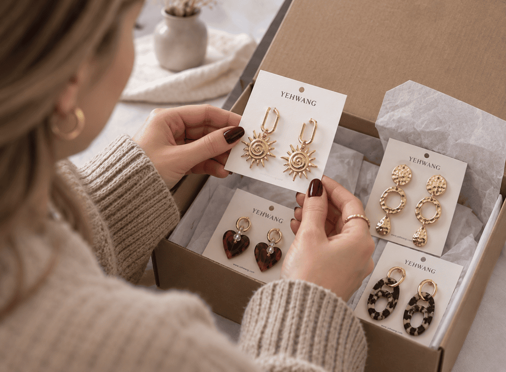 Boetiekeigenaar controleert een levering van groothandel sieraden aan de hand van de bestelling