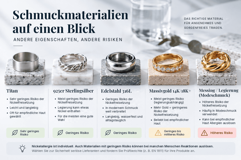 Vergleich von Schmuckmaterialien nach Risiko der Nickelfreisetzung: Titan, 925er Silber, Edelstahl 316L, Gold und Messing