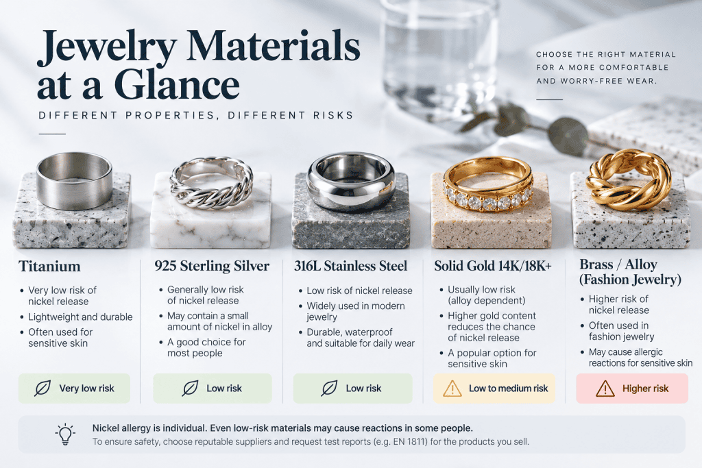 Jewelry materials comparison showing nickel allergy risks for titanium, sterling silver, gold and stainless steel