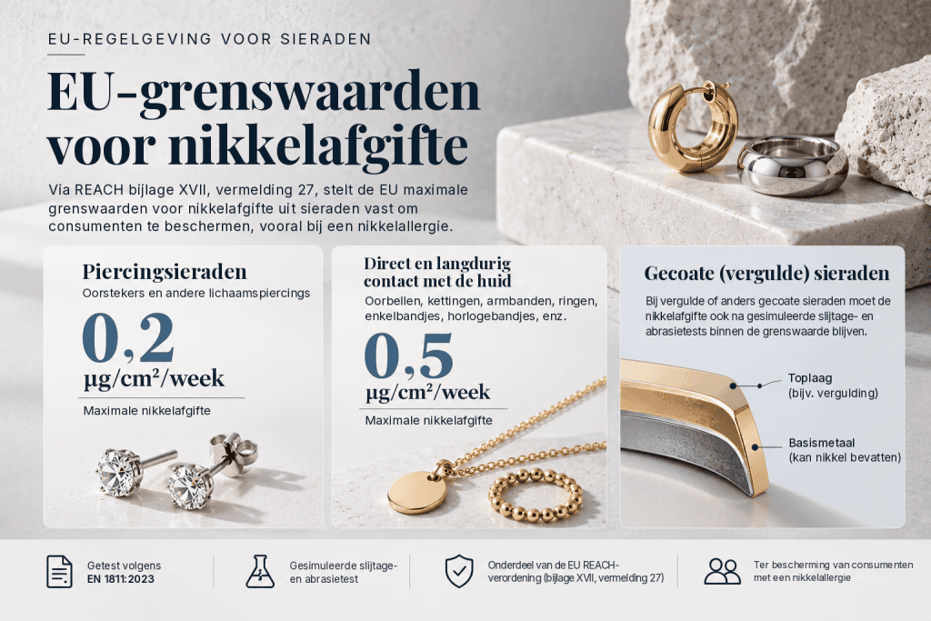 Infographic EU-grenswaarden voor nikkelafgifte uit sieraden (REACH): 0,2 µg/cm²/week voor piercings, 0,5 bij huidcontact
